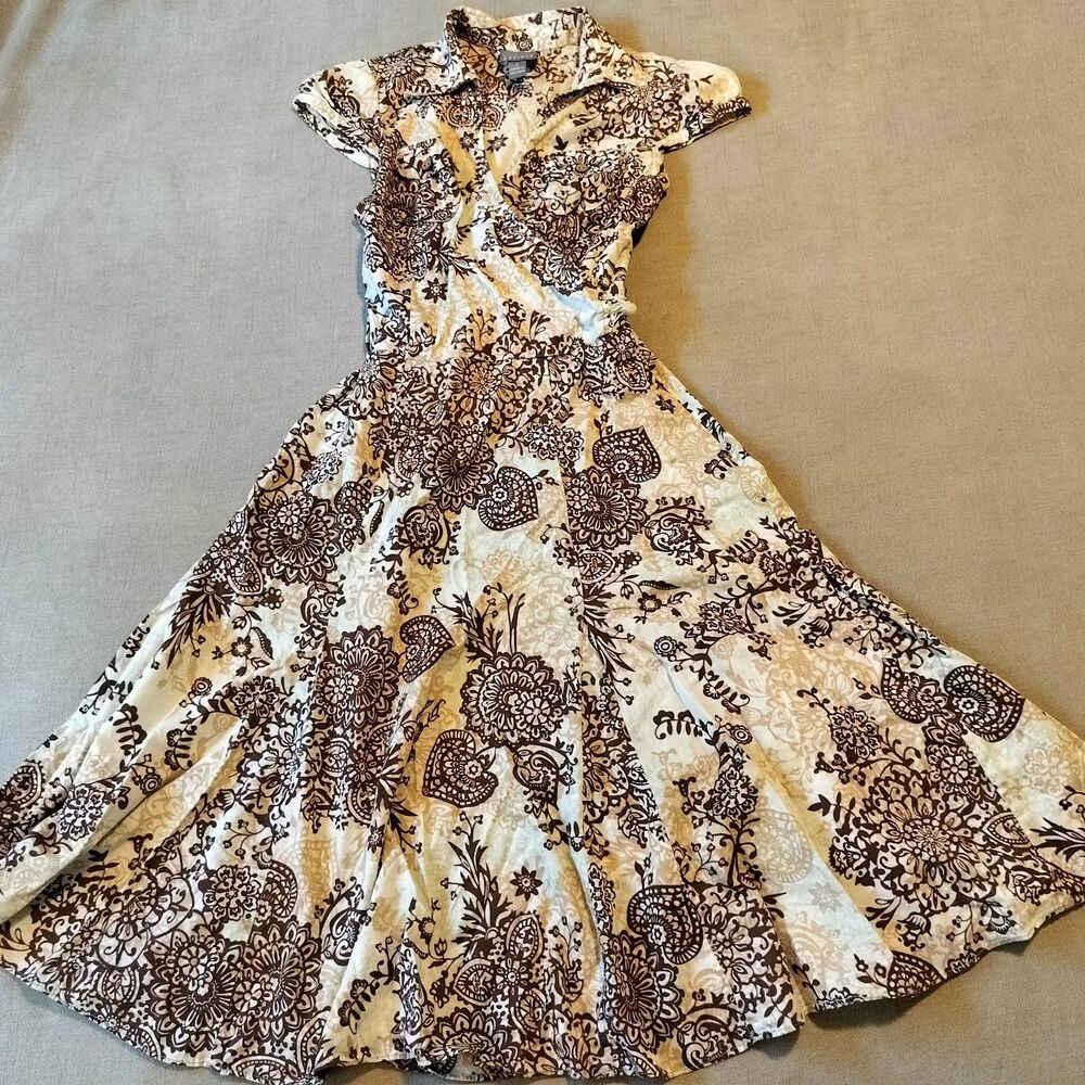 Vtg Y2k 2000s Brown Teal Wrap Fit Flare Midi Dress 8 Cotton Floral Paisley Retro